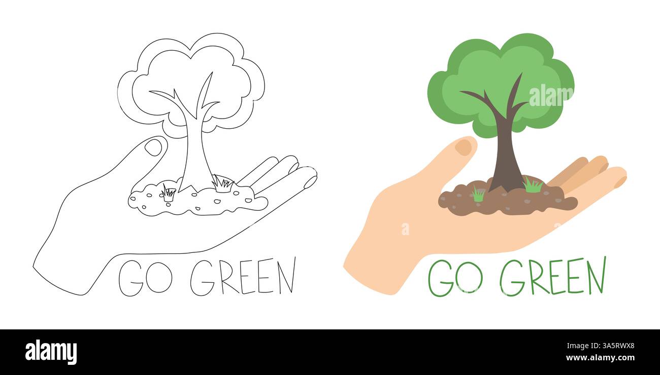 Immagine di una mano che tiene un albero in crescita con terreno, con testo Go green. Promuove il rimboschimento, la responsabilità ambientale e l'ecologia Illustrazione Vettoriale Immagine di una mano che tiene un albero in crescita con terreno, con testo Go green. Promuove il rimboschimento, la responsabilità ambientale e l'ecologia Illustrazione Vettoriale