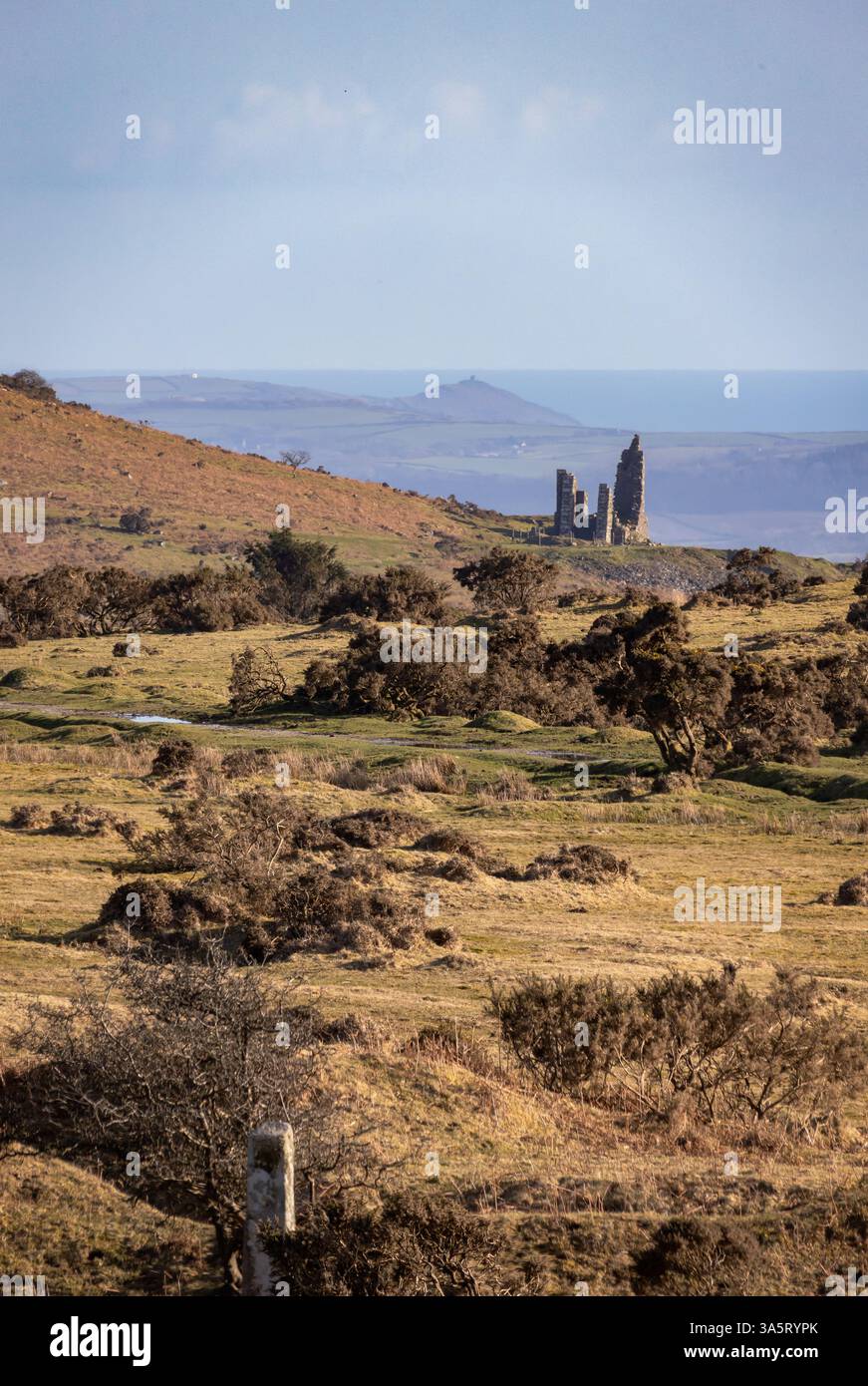 In alto sulla Bodmin Moor in Cornovaglia con vista sul mare a rame Head Foto Stock