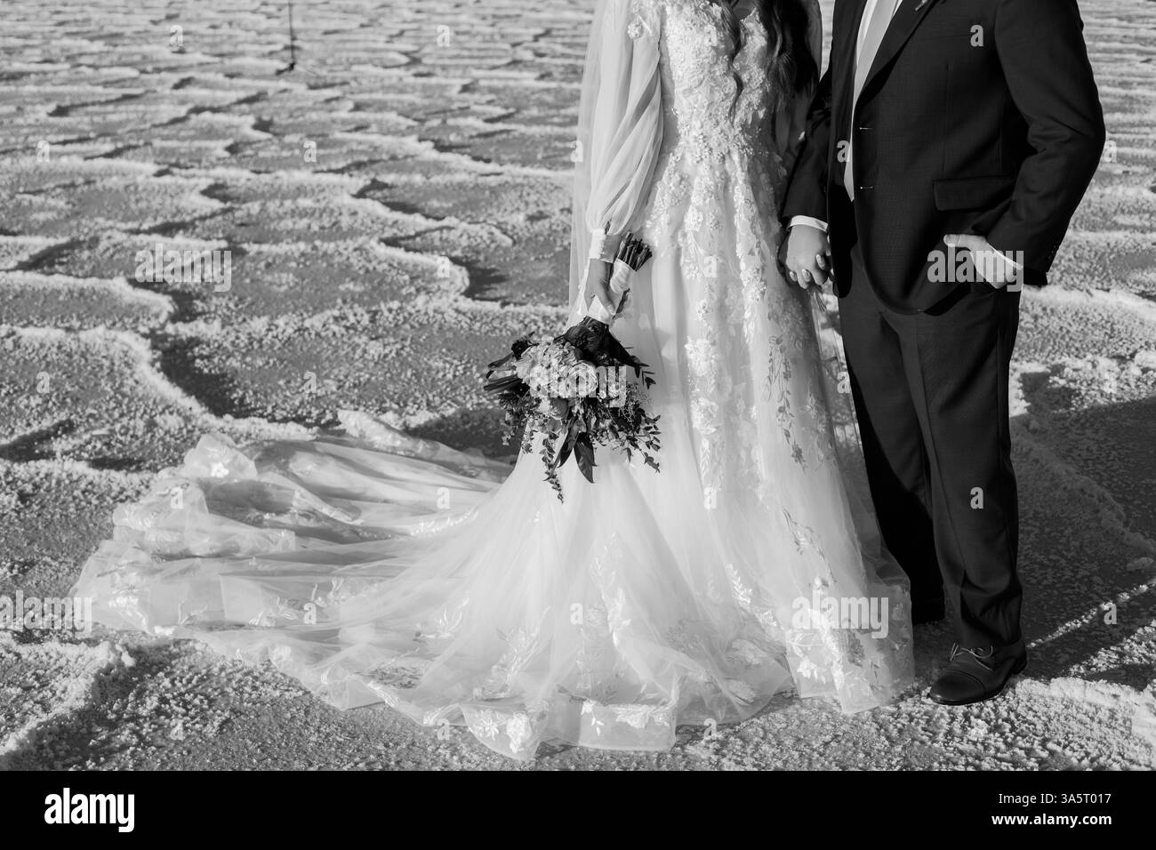 Dettagli in bianco e nero di un body shot di Sposa e sposo su saline Foto Stock