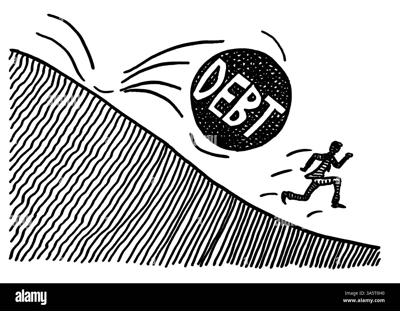 Disegno a penna a mano libera di un uomo d'affari che cerca di fuggire da una grande sfera DI DEBITO che lo distruggerà. Metafora del fallimento, dell'onere fiscale Foto Stock