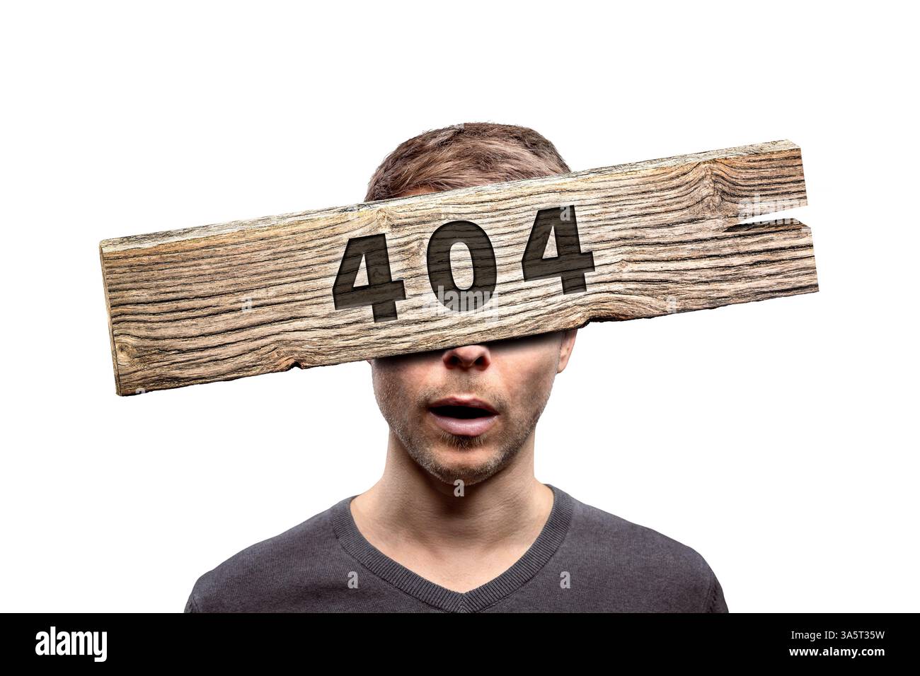 404 segno di errore di fronte al volto di una persona isolato su bianco Foto Stock