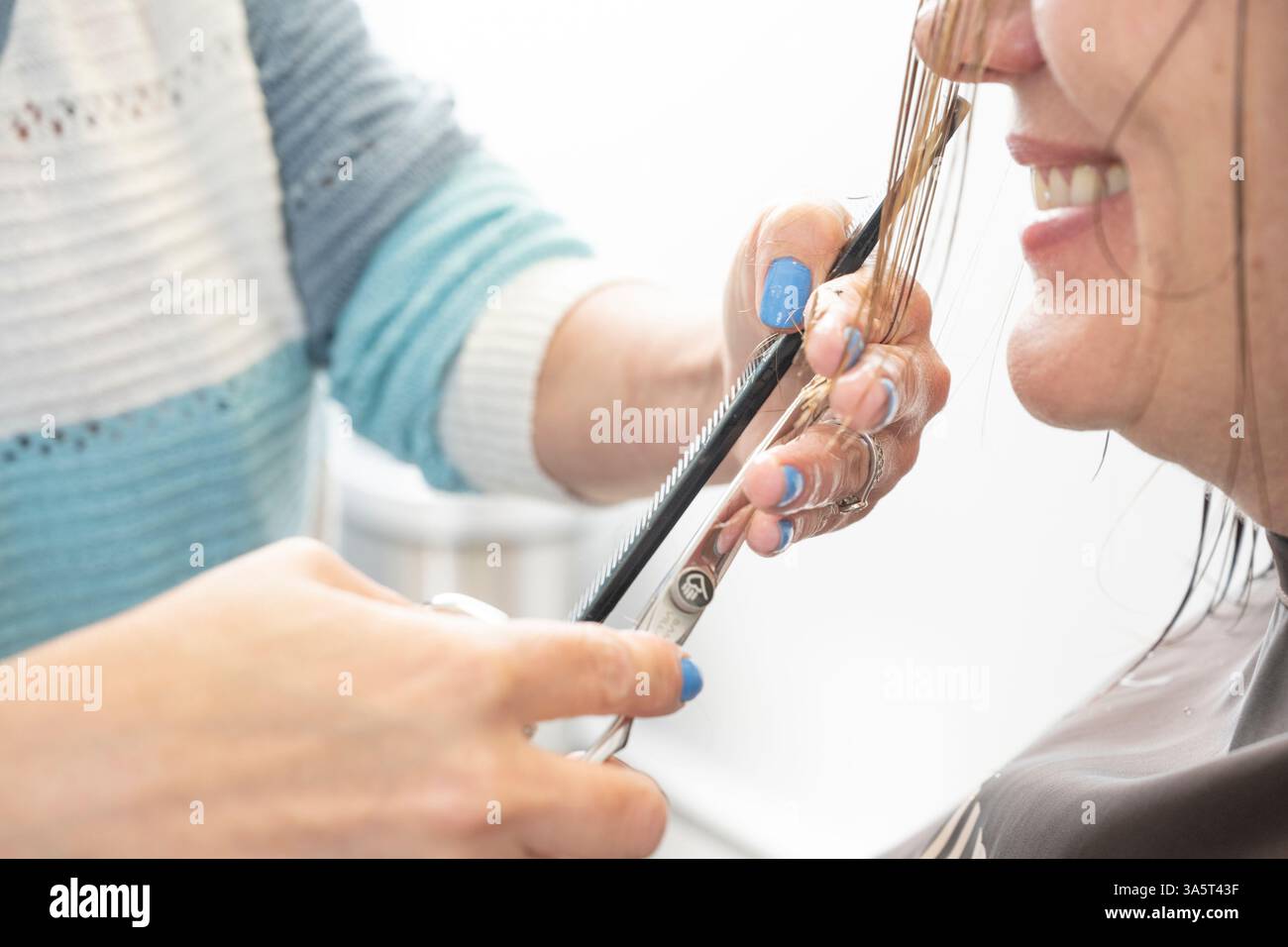Taglio di capelli in una piccola impresa di proprietà di una donna Foto Stock