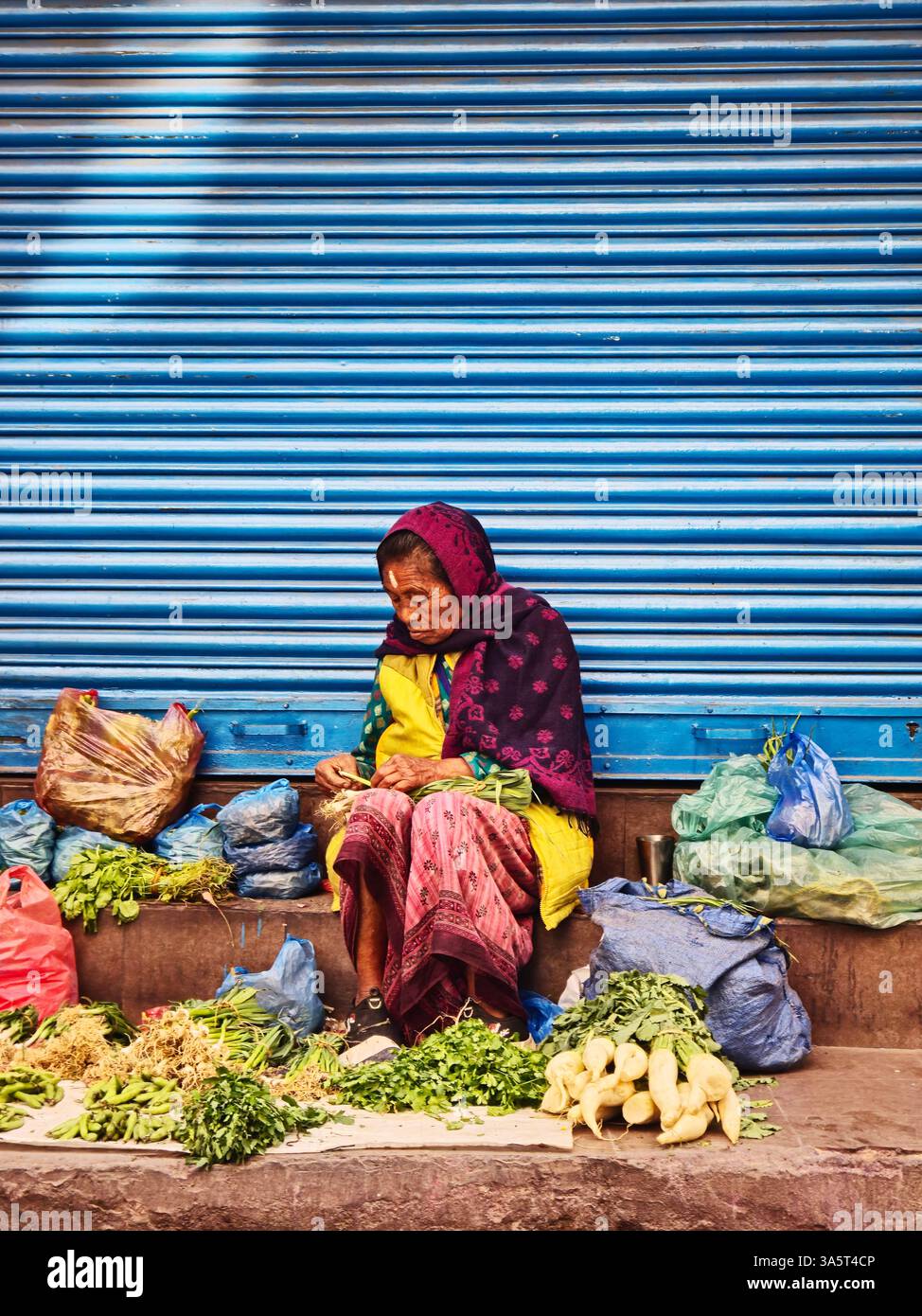 Una donna nepalese che vende verdure fresche in una strada nel quartiere Thamel a Kathmandu, Nepal. - Immagine stock catturata con smartphone
