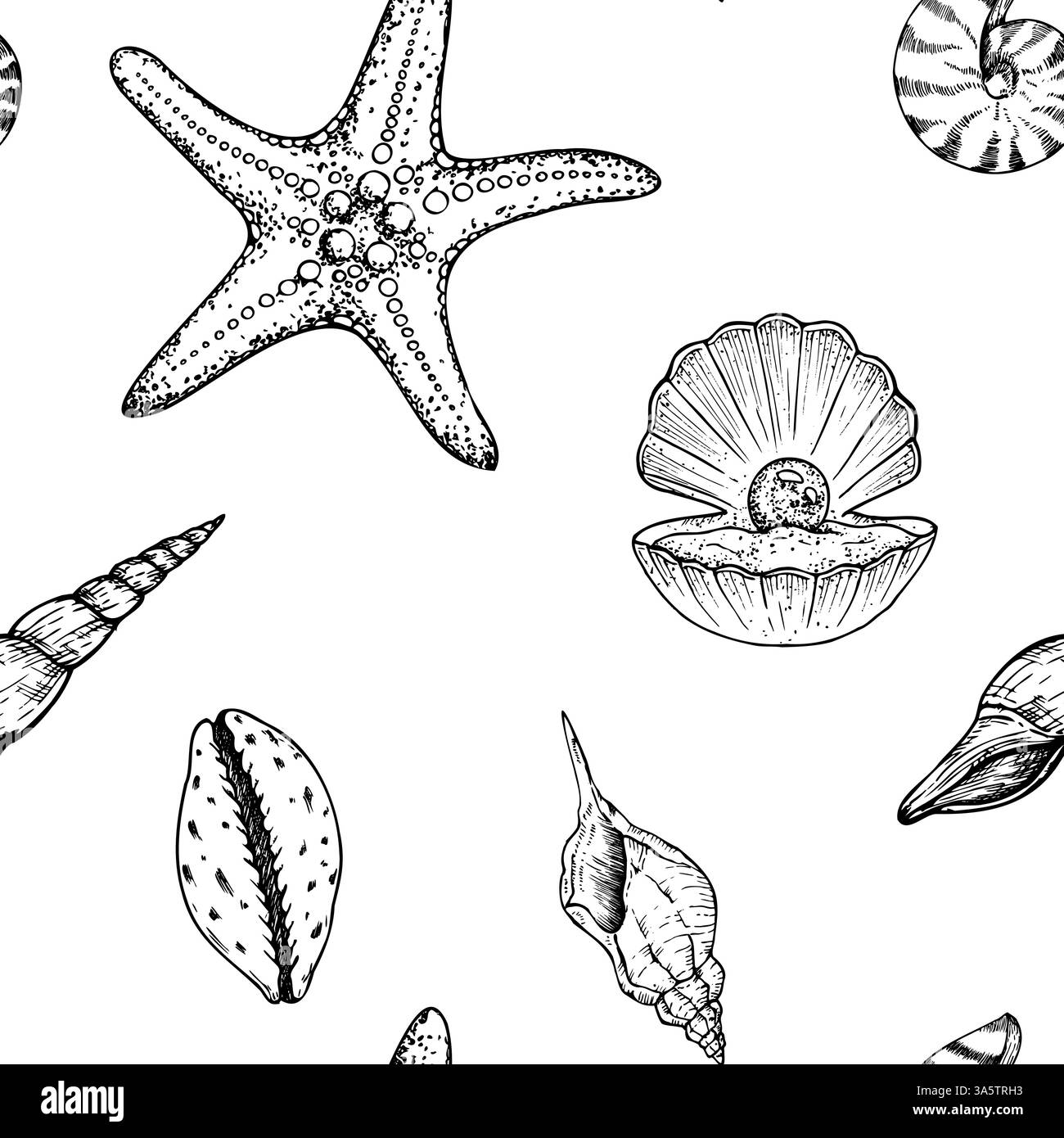 Motivo senza cuciture con conchiglia aperta di ostriche con perle, stelle e conchiglie bellissime. Linea dipinta a mano, grafica con clip art isolata sullo sfondo Illustrazione Vettoriale