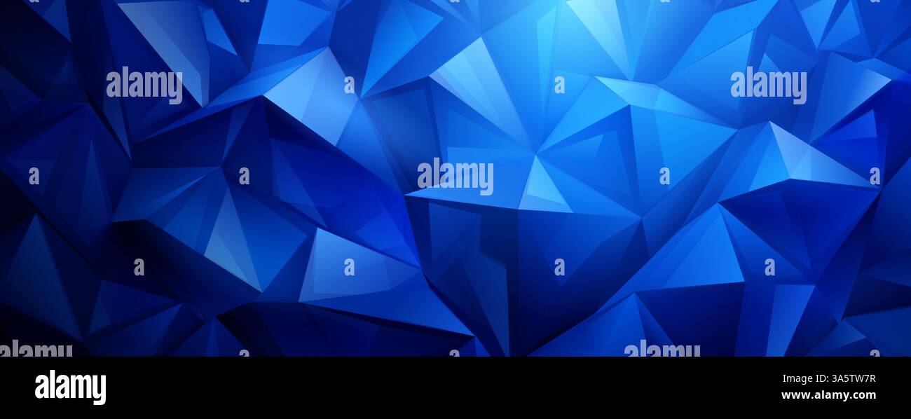 Vivace sfondo in cristallo astratto con un mosaico di triangoli blu interconnessi, che crea un motivo dinamico e geometrico con diverse sfumature e. Illustrazione Vettoriale