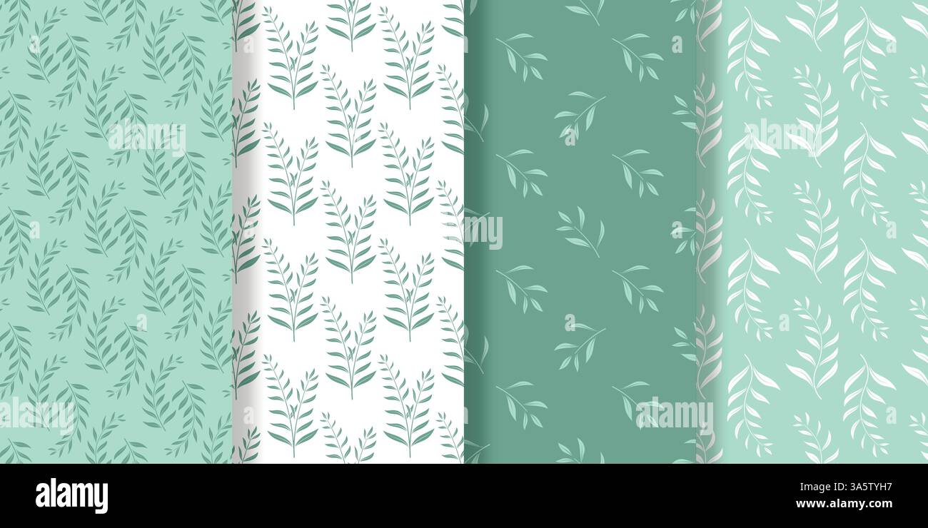 Set di fantasie senza cuciture per le foglie di primavera. Kit di sfondi rustici naturali di colore verde e bianco. Stampa ecologica per tessuti, carta, tessuto, imballaggi Illustrazione Vettoriale