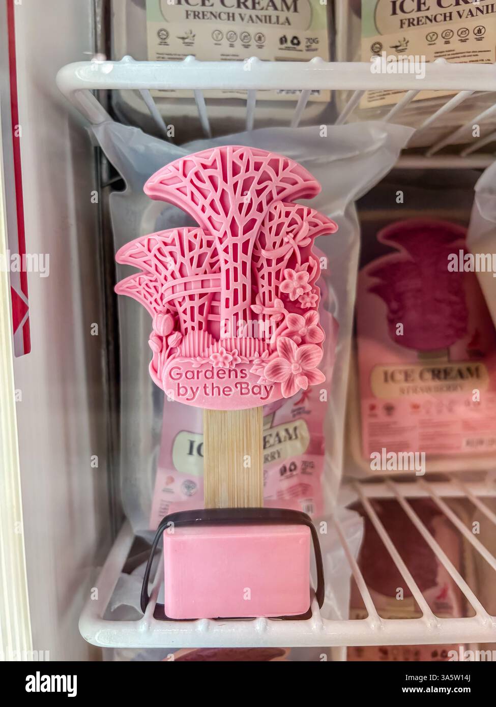 Gelato a tema "giardini sulla baia" nel freezer, Singapore. Presenta i Superalberi e i fiori di colore rosa su un bastone. Foto Stock