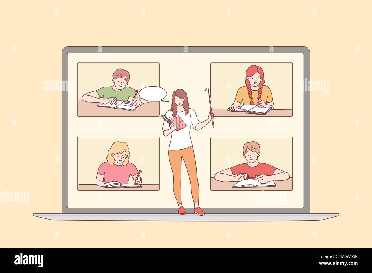 Un'illustrazione coinvolgente mostra un insegnante dedicato che interagisce attivamente con gli studenti in un'aula virtuale Illustrazione Vettoriale