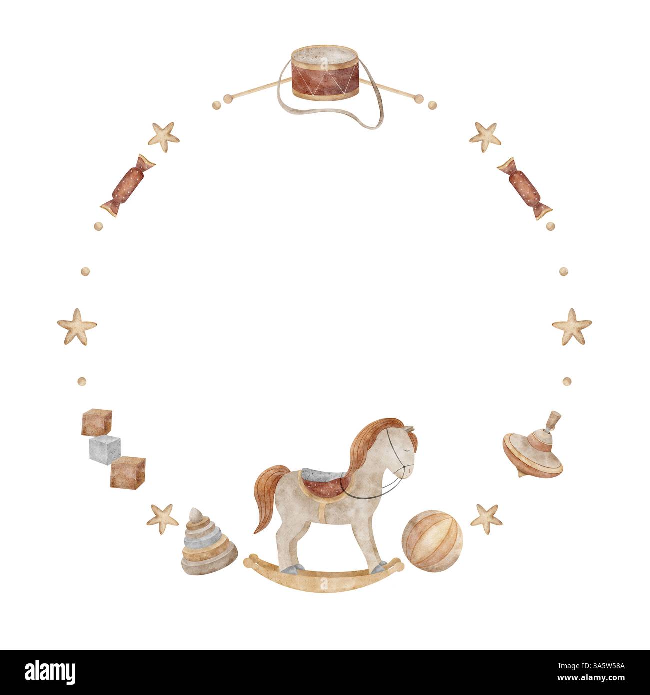 Corona acquerello di giocattoli per bambini, altalena, tamburo, palla, top rotante. Illustrazione disegnata a mano in stile vintage su sfondo isolato per Foto Stock