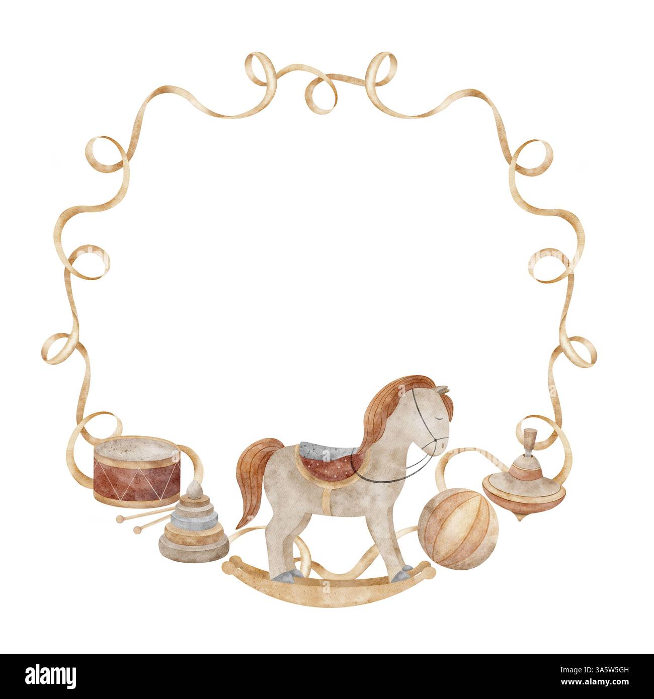 Corona a nastro, treccia beige con giocattoli vintage per bambini. Cornice per illustrazione in acquerello disegnata a mano in stile retrò su uno spazio di copia isolato per Foto Stock