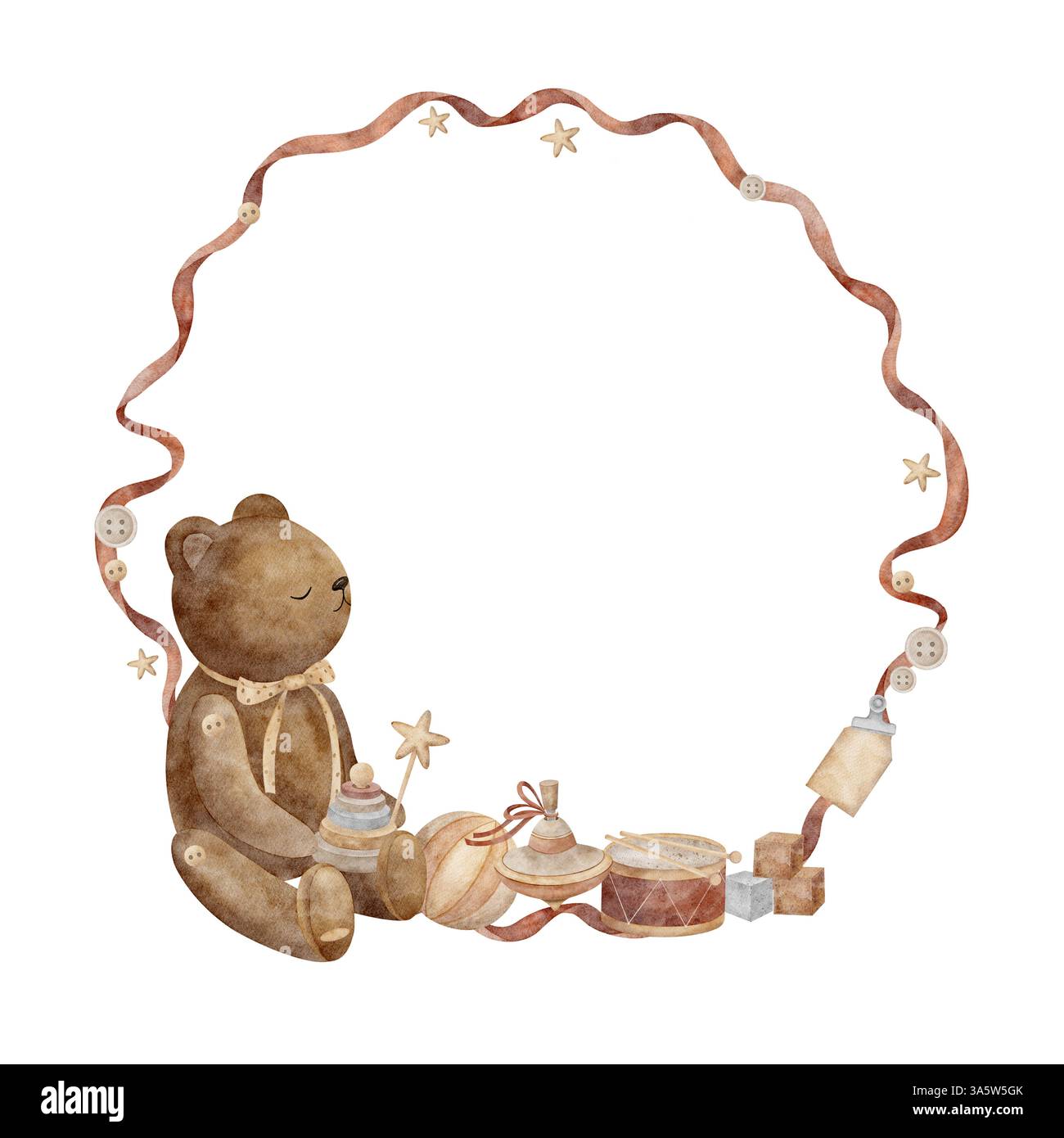 Orsacchiotto con corona di acquerelli, giocattoli vintage, bottoni, tag. Illustrazione disegnata a mano in stile retrò su sfondo isolato sul tema del cucito Foto Stock