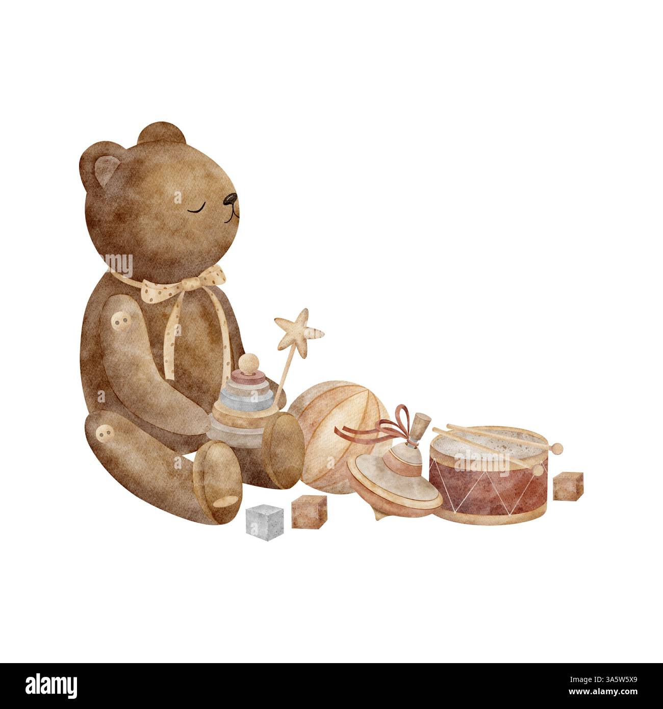 Orsacchiotto che suona giocattoli vintage tamburo, piramide, cubi, palla. Illustrazione con composizione ad acquerello disegnata a mano in stile cartoni animati su isolata per la progettazione di Foto Stock