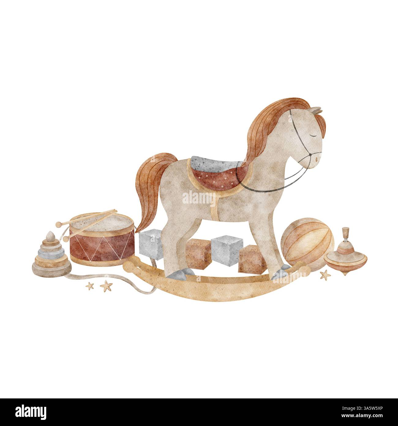 Composizione acquerello giocattoli vintage altalena, piramide, cubi, palla, tamburo. Illustrazione per bambini disegnata a mano in stile cartone animato su isolato per Foto Stock