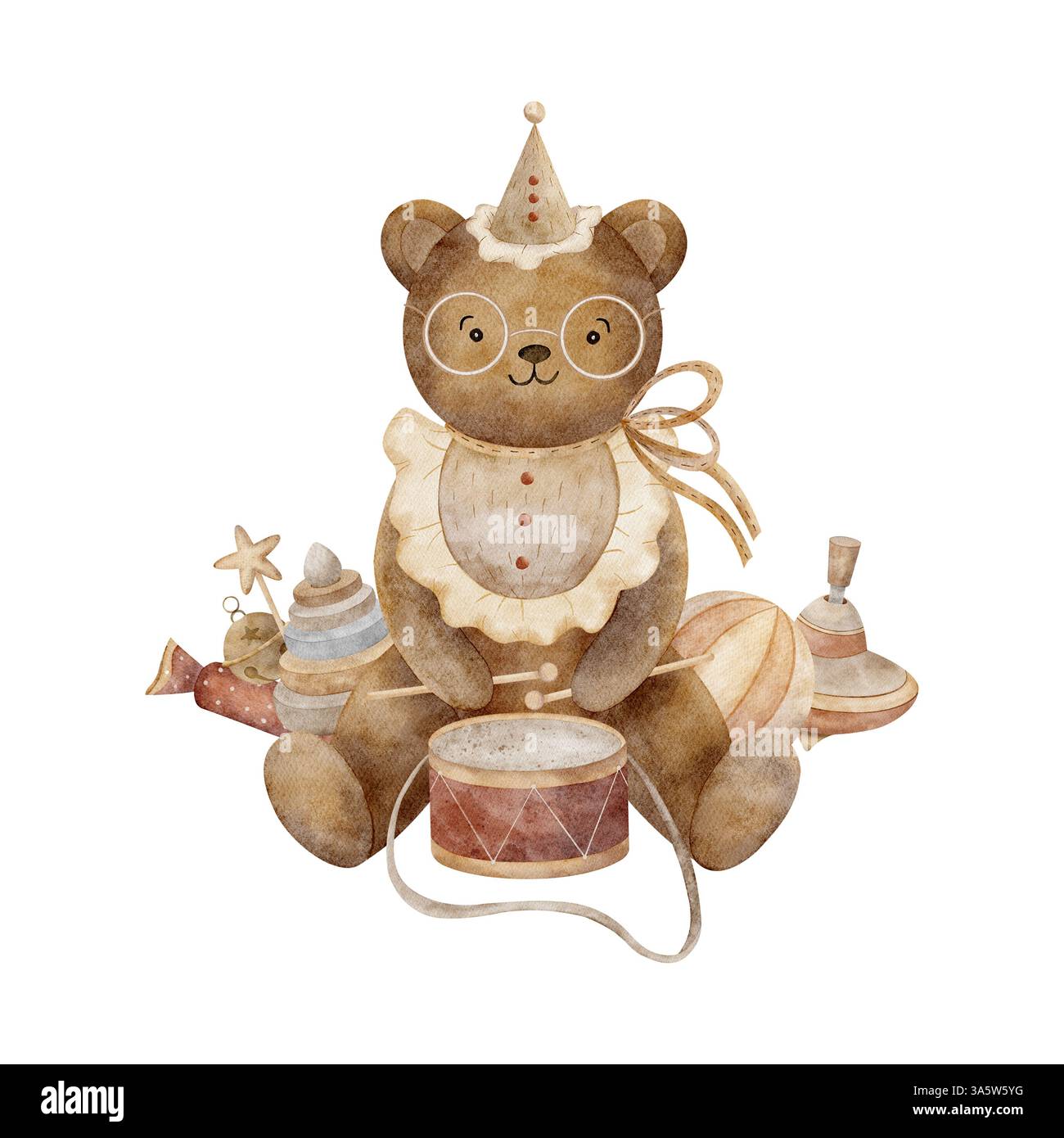 Teddy Bear si siede a suonare la batteria. Illustrazione per bambini con acquerello di giocattoli vintage disegnati a mano in stile cartoni animati su un isolato per il design di Foto Stock