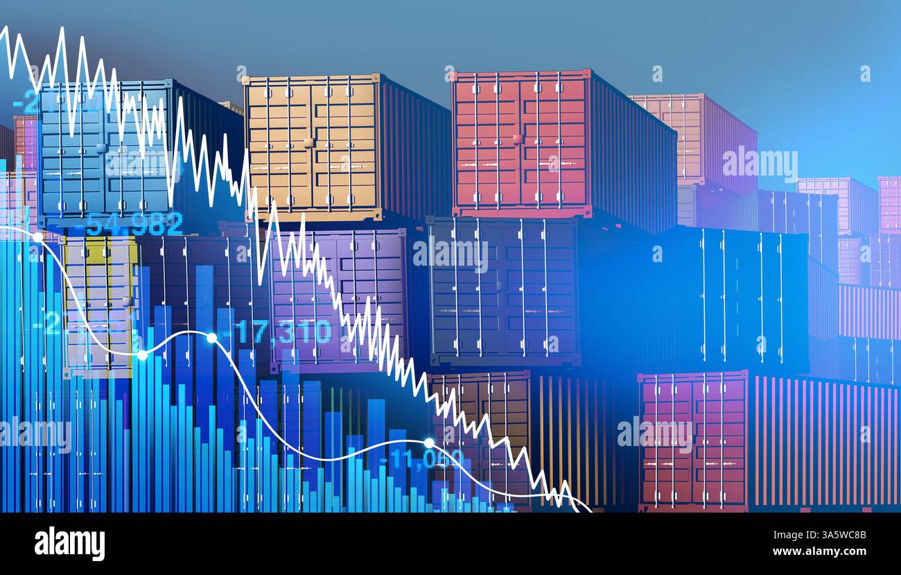 Tariffe reciproche e crollo del mercato azionario e calo economico o calo dei prezzi azionari a causa di guerre tariffarie globali che hanno portato all’inflazione e all’econ Foto Stock