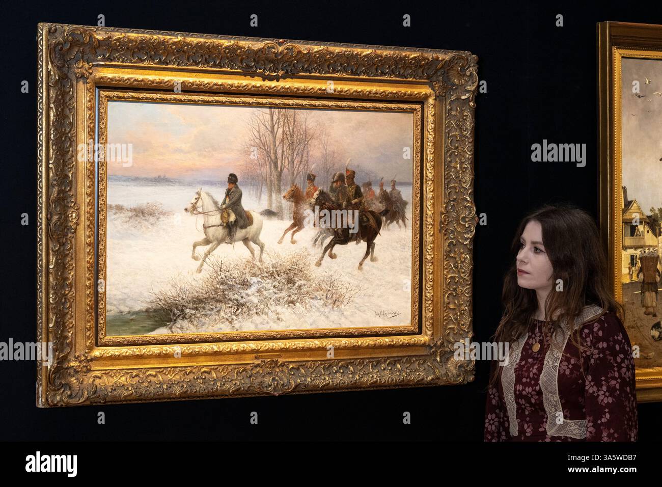 Londra, Regno Unito. 24 marzo 2025. «Napoleone a capo degli ufficiali di cavalleria in inverno» di JAN VAN CHELMINSKI, (stimate £ 10.000 - 15.000) in anteprima di Bonham XIX secolo e vendita d'arte impressionista britannica. I lotti saranno messi all'asta il 26 marzo presso le gallerie New Bond Street di Bonham. Crediti: Stephen Chung / Alamy Live News Foto Stock