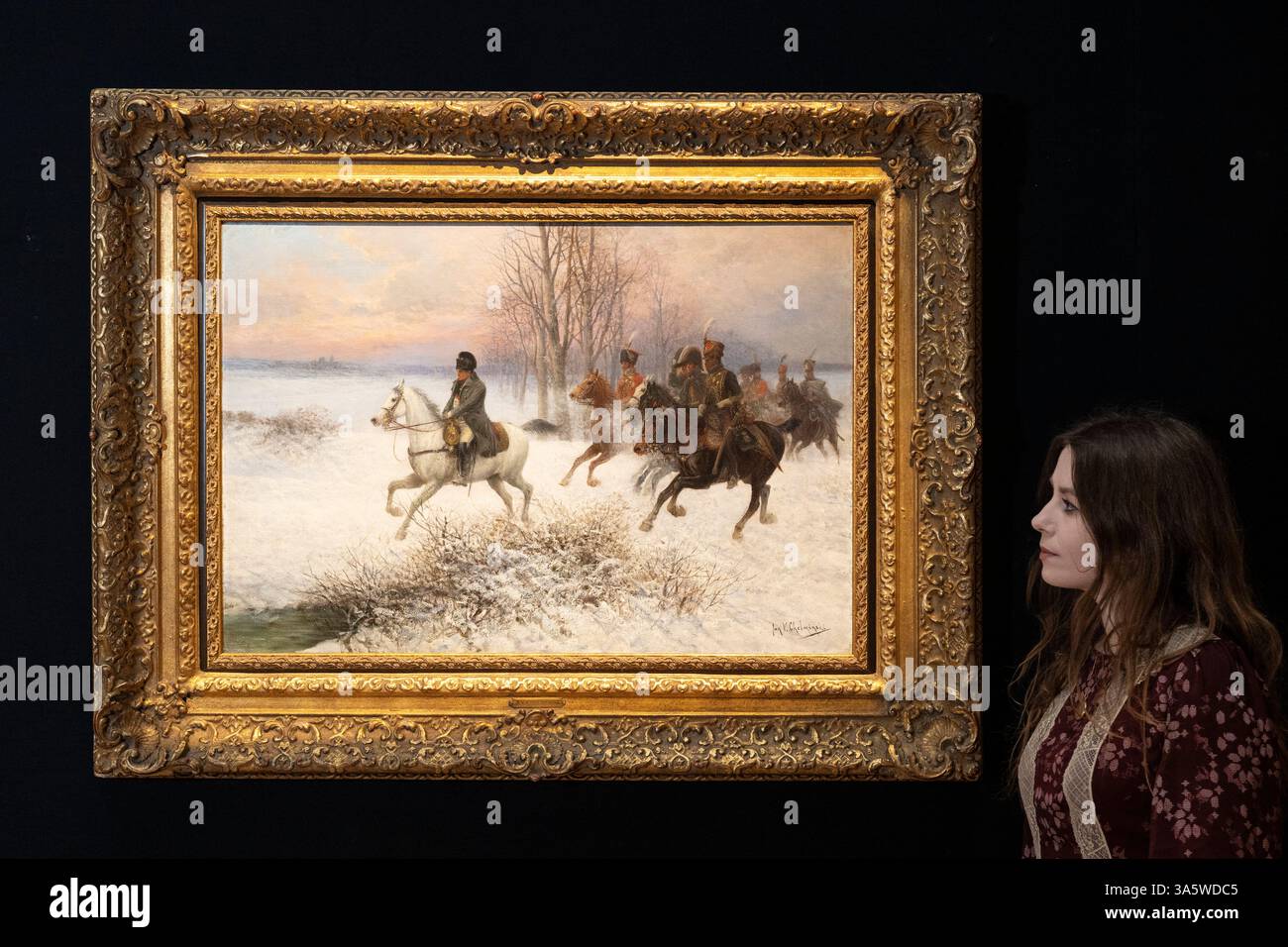 Londra, Regno Unito. 24 marzo 2025. «Napoleone a capo degli ufficiali di cavalleria in inverno» di JAN VAN CHELMINSKI, (stimate £ 10.000 - 15.000) in anteprima di Bonham XIX secolo e vendita d'arte impressionista britannica. I lotti saranno messi all'asta il 26 marzo presso le gallerie New Bond Street di Bonham. Crediti: Stephen Chung / Alamy Live News Foto Stock