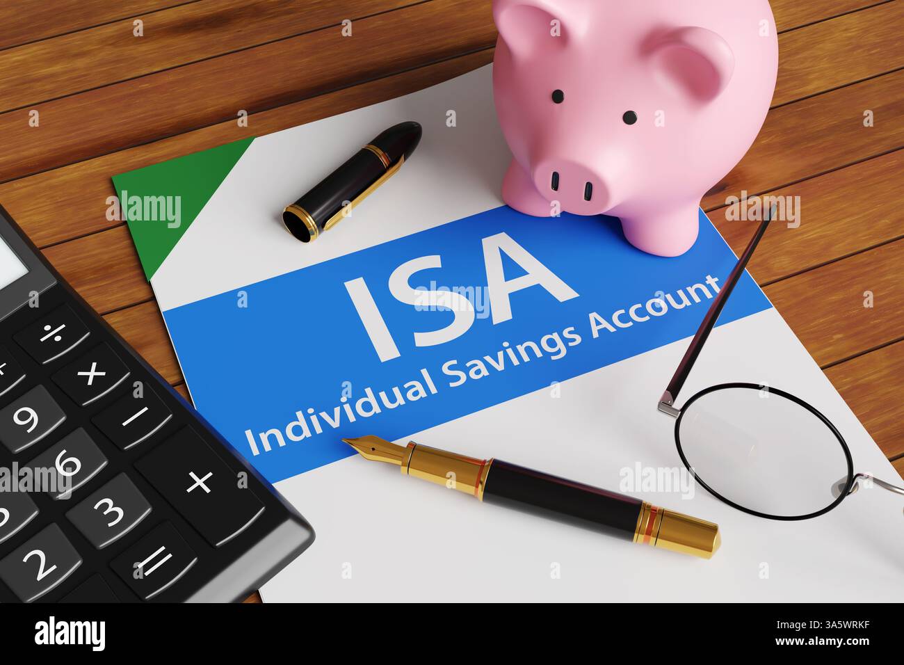 La copertina di un documento che mostra il titolo ISA, insieme a un salvadanaio rosa, una calcolatrice, una stilografica e occhiali su un tavolo di legno Foto Stock