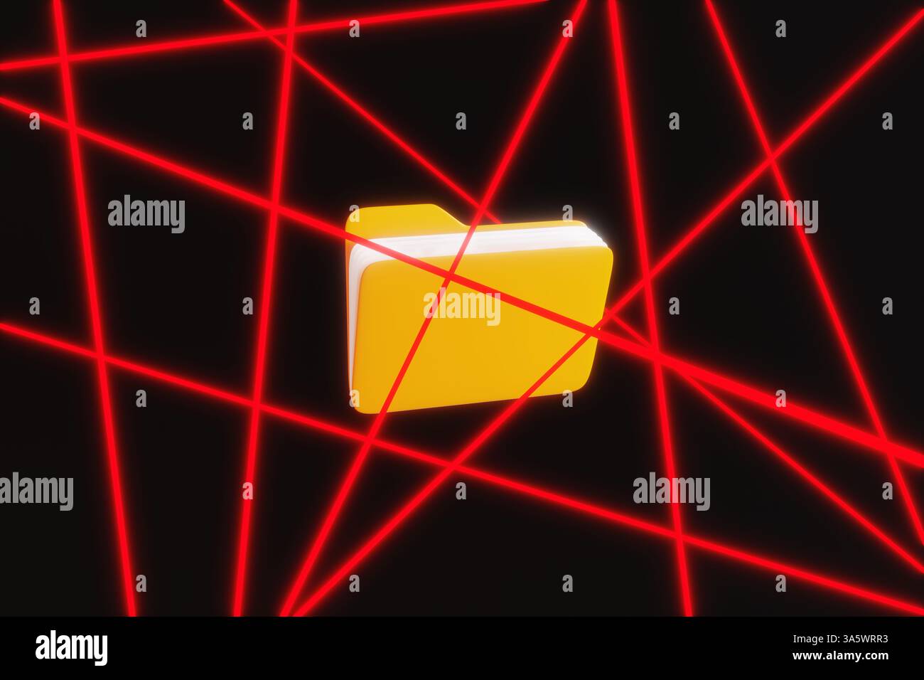 Icona gialla del computer della cartella aperta protetta da raggi laser rossi su sfondo nero. Sicurezza informatica, archiviazione cloud protetta e privacy dei dati Foto Stock