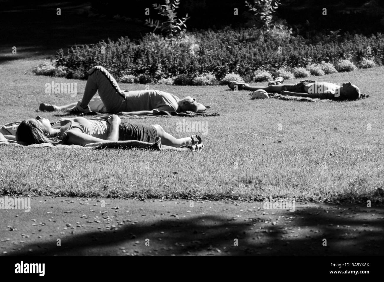 SERA D'ESTATE, SDRAIATI SULL'ERBA, RELAX, ROATH PARK, CARDIFF, GALLES, ARCHIVIO, 2002: persone che si rilassano al sole di fine estate a Roath Park, Cardiff, Galles Regno Unito nel settembre 2002. Fotografia: Rob Watkins Foto Stock