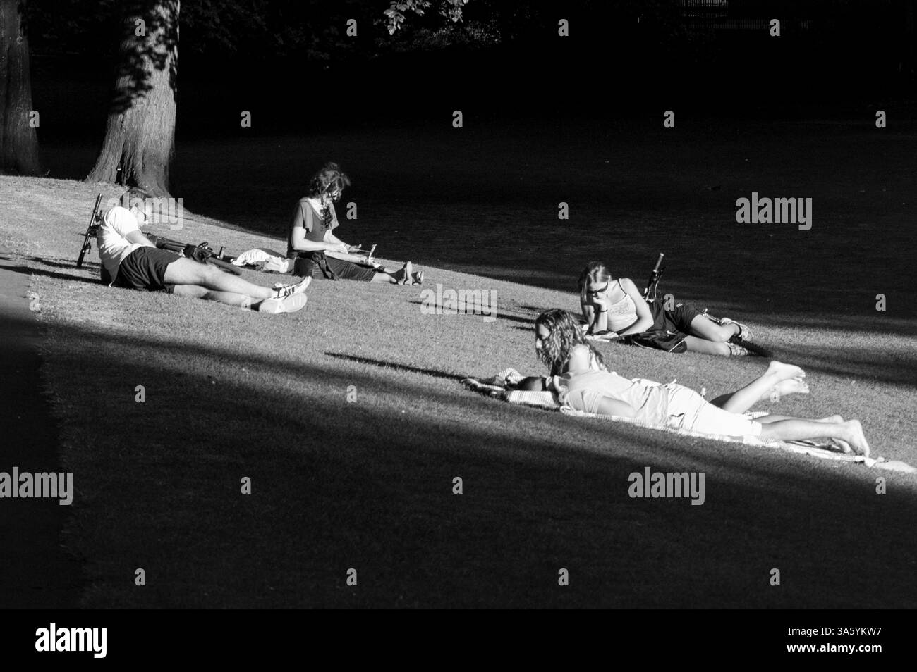 STUDENTI CHE LEGGONO AL TRAMONTO, SERA D'ESTATE, RELAX, ROATH PARK, CARDIFF, WALES, ARCHIVIO, 2002: studenti che rivedono al tramonto. Persone che rilassano il sole di fine estate a Roath Park, Cardiff, Galles Regno Unito nel settembre 2002. Fotografia: Rob Watkins Foto Stock