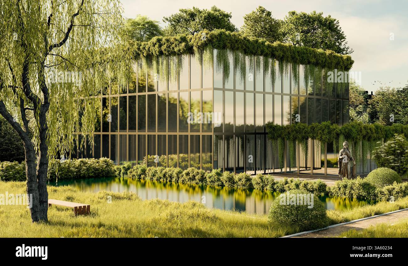 Moderno edificio in vetro con facciata verde e laghetto riflettente nel lussureggiante Giardino - illustrazione 3D. Foto Stock
