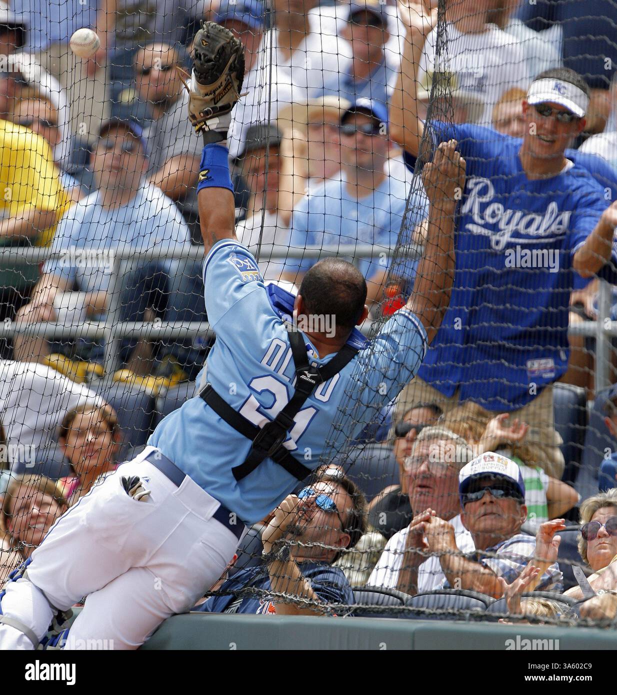 23 luglio 2008 - la palla si scatena mentre Miguel Olivo, ricevitore dei Kansas City Royals, va contro la rete cercando di mettere in campo un foul ball da Gary Sheffield dei Detroit Tigers nel terzo inning al Kauffman Stadium di Kansas City, Missouri, mercoledì 23 luglio 2008. (John Sleezer/Kansas City Star/MCT) (immagine di credito: © John Sleezer/MCT/ZUMAPRESS.com) Foto Stock