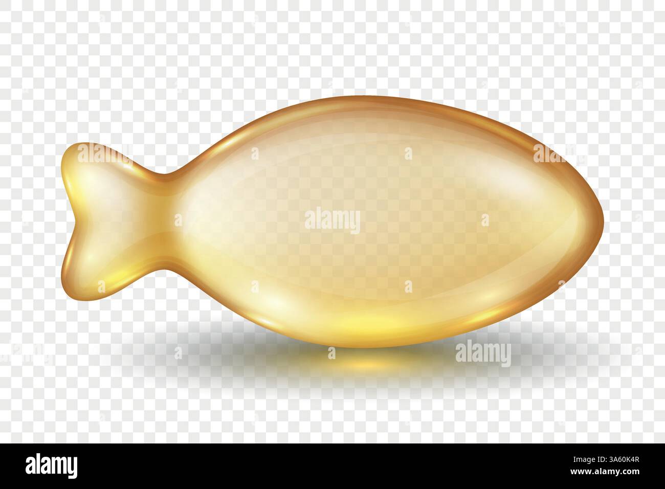 Capsula di olio di pesce realistico Vector 3d in forma Softgel di pesce dorato. Omega-3 supplemento trasparente Gel Pill per farmaceutico, medico, nutrizione Illustrazione Vettoriale