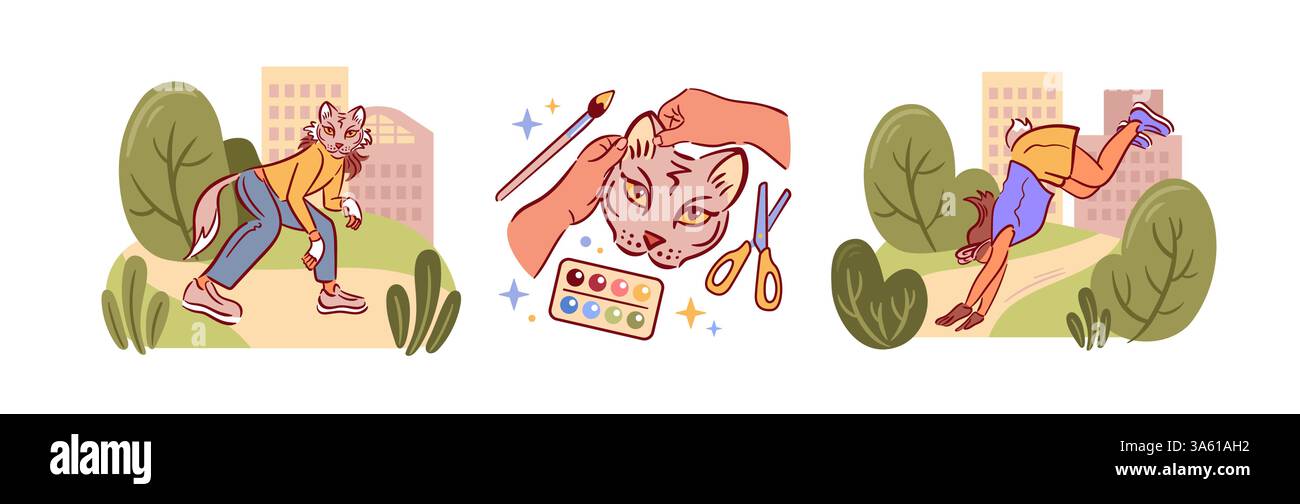 Quadrobics combina esercizi creativi ispirati alla natura con impegnative routine di fitness in città. Presenta una ragazza mascherata con una coda di coniglio in un polveroso Illustrazione Vettoriale