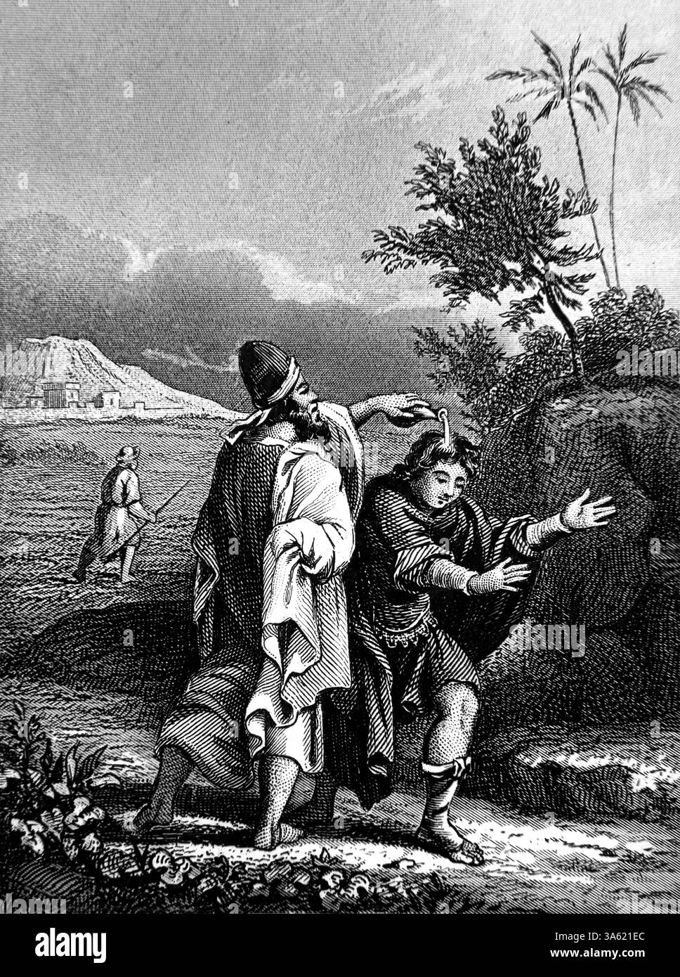 Samuel Annointing the Future King Saul with a Flask of Oil (Samuel) Steel Engraving Alexander Fletcher circa 1860 Foto Stock
