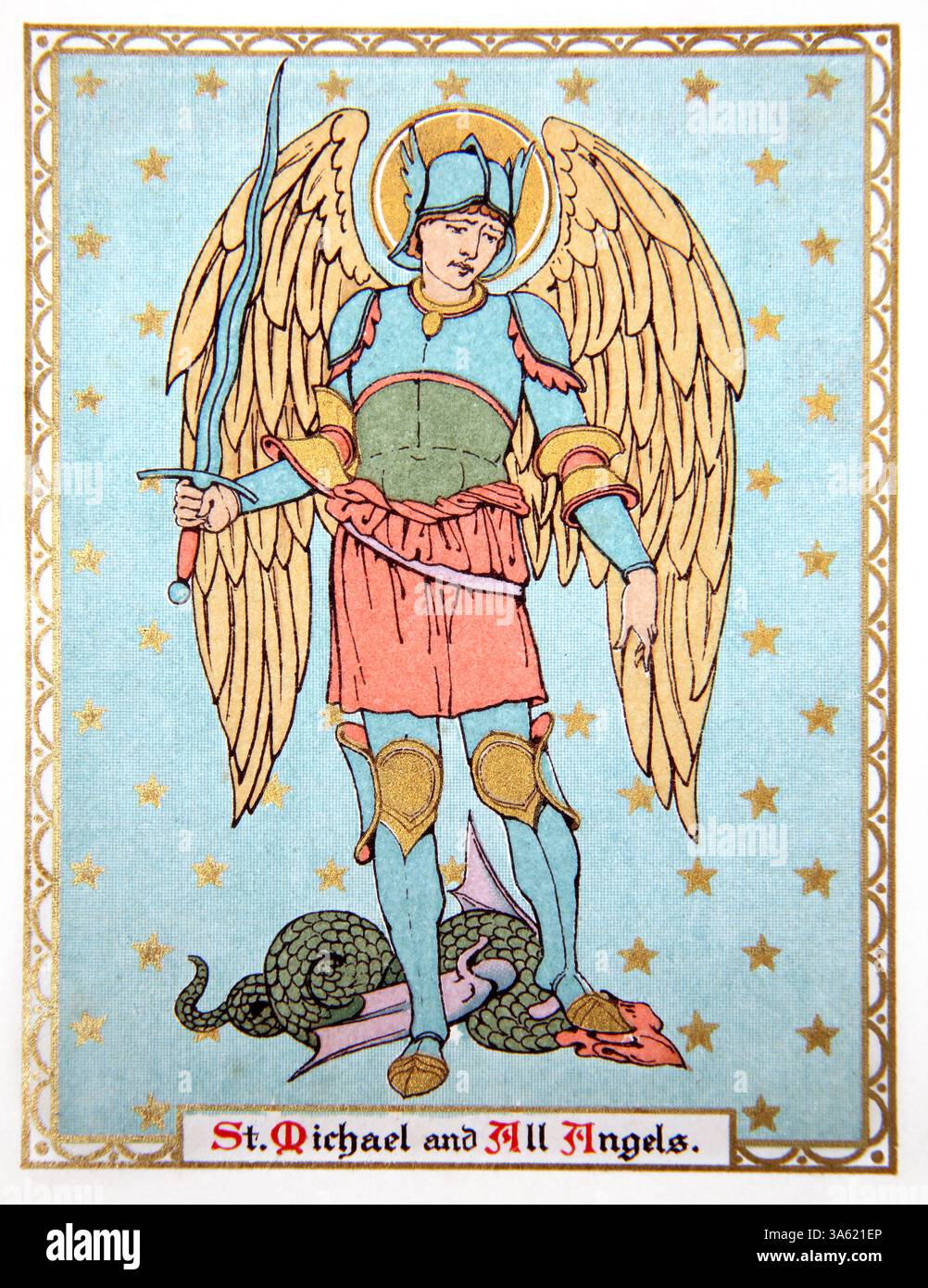 Illustrazione di San Michele Slay il Drago (Satana) da Antique Book Red Letter Saints del 1911 Foto Stock