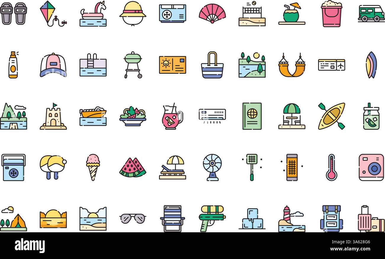 Icone estive Collezione di icone vettoriali di alta qualità con tratto modificabile. Ideale per progetti professionali e creativi. Illustrazione Vettoriale
