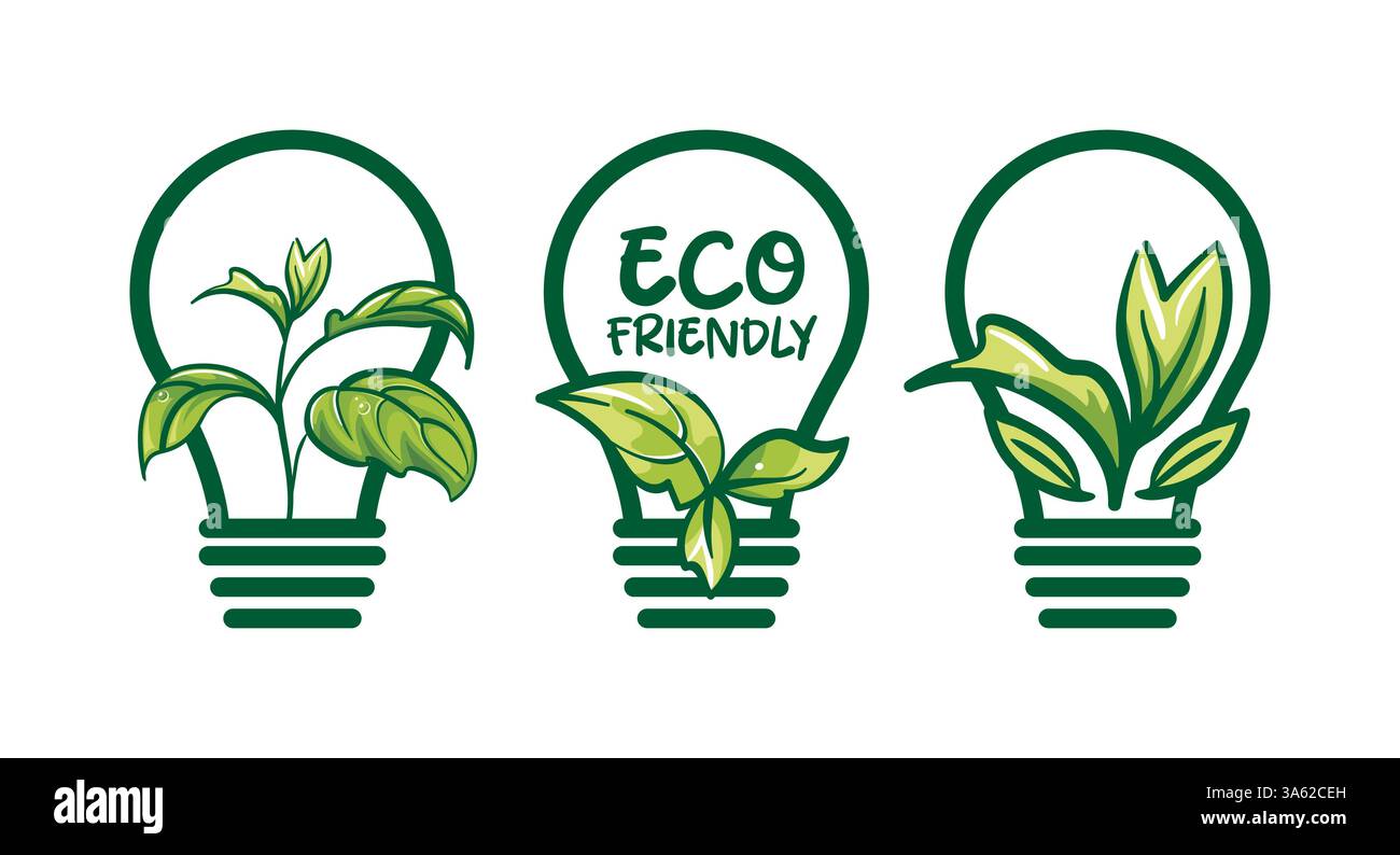 illustrazione vettoriale con una collezione di lampadine, ciascuna delle quali contiene piante verdi uniche. Questo design rappresenta in modo splendido il concetto di verde Illustrazione Vettoriale