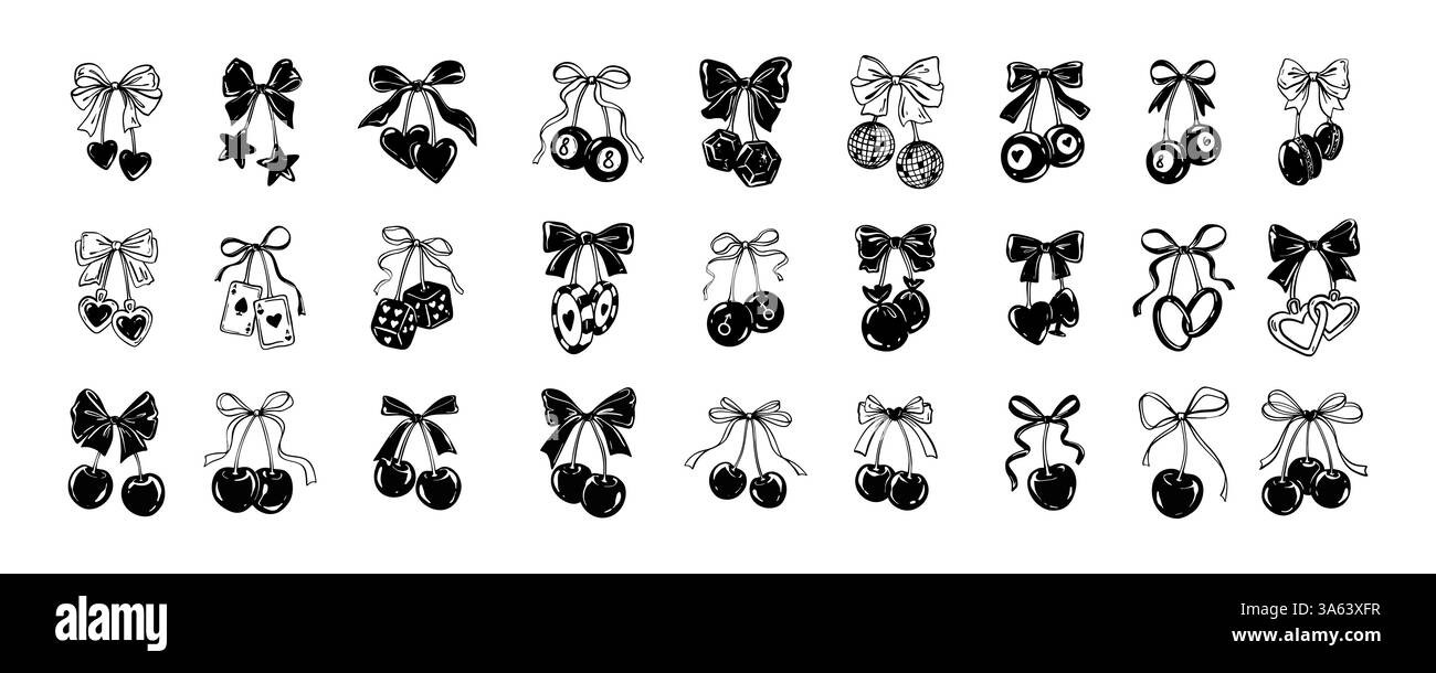 Set di elementi di design astratti del nastro di ciliegio. Matrimonio, San Valentino, illustrazioni vettoriali di fidanzamento. Casinò, poker, disegni di blackjack Doodle. Illustrazione Vettoriale