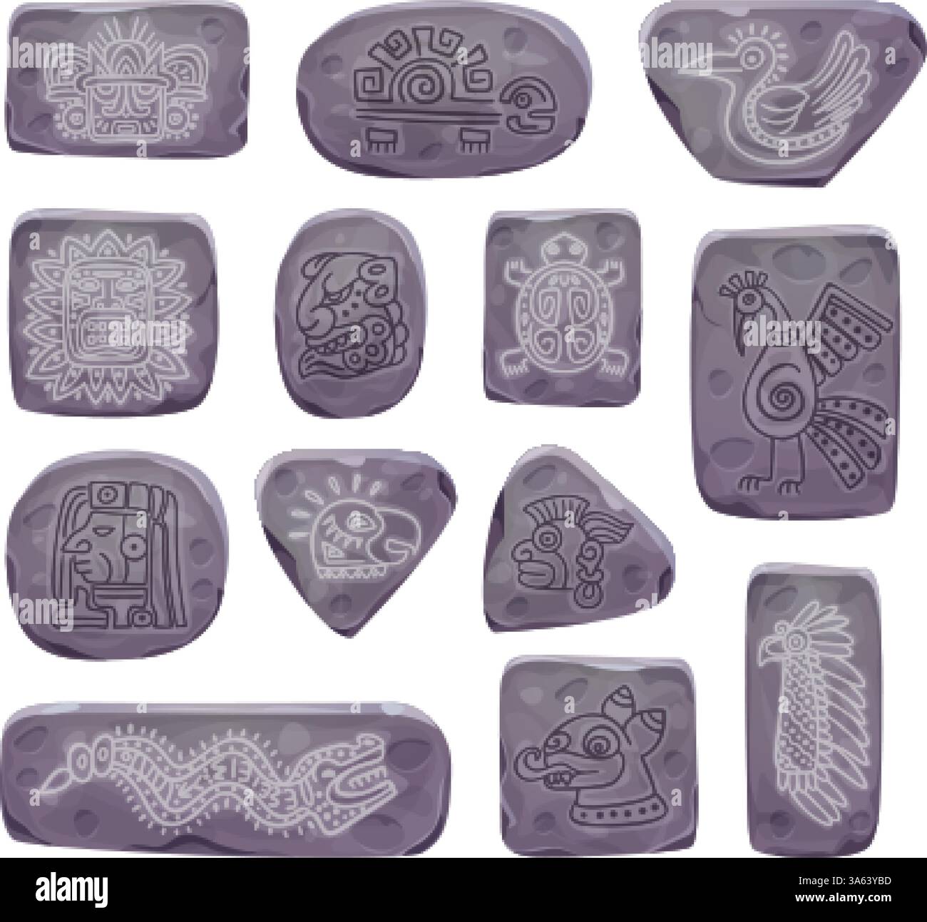 Simboli di pietra Maya. Rocce maya inca azteche con runa pagana rituale, segni tribali dell'antica civiltà risorse di gioco cartoni animati dell'interfaccia utente set di elementi culturali messicani, illustrazioni vettoriali originali Illustrazione Vettoriale