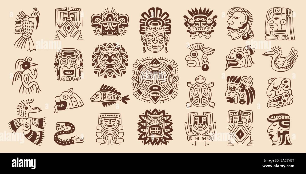 Simboli dei totem Maya. Civiltà Maya, indigeni indigeni indigeni inca aztechi ornati antico simbolo di arte etnica messicana o nativa americana indiana, tatuaggio, illustrazione vettoriale, opere d'arte originali Illustrazione Vettoriale