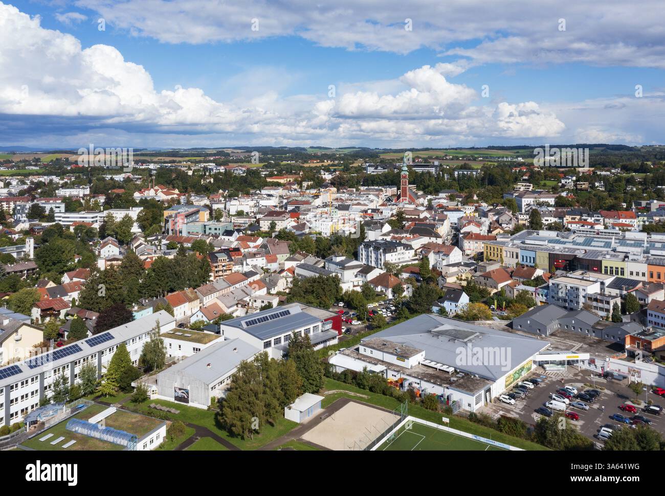 Immagine drone, vista città, Ried im Innkreis, Innviertel alta Austria, Austria, Europa Foto Stock