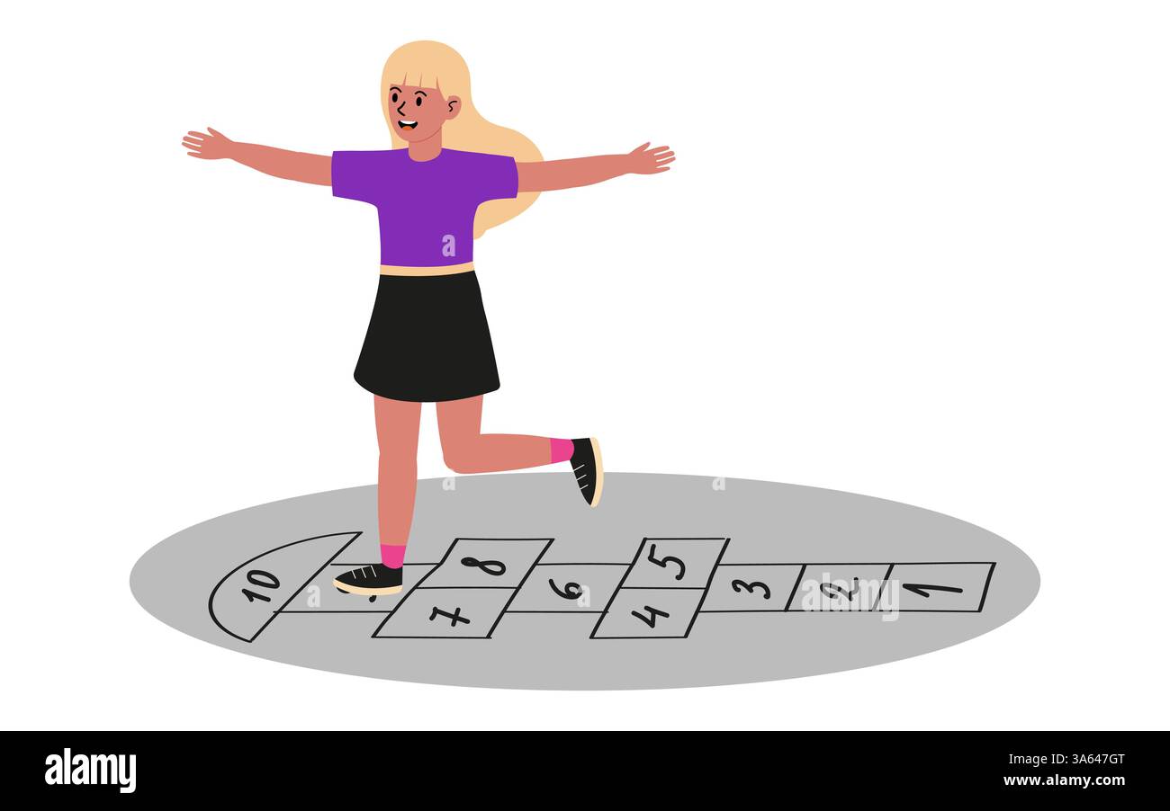 Ragazza che gioca all'hopscotch all'aperto in una giornata di sole con uno spirito giocoso Illustrazione Vettoriale