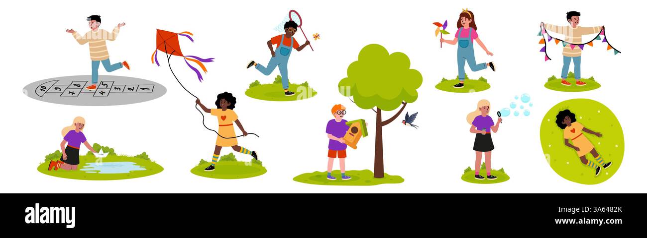 Bambini impegnati in attività all'aperto in un parco durante una giornata di sole in primavera Illustrazione Vettoriale