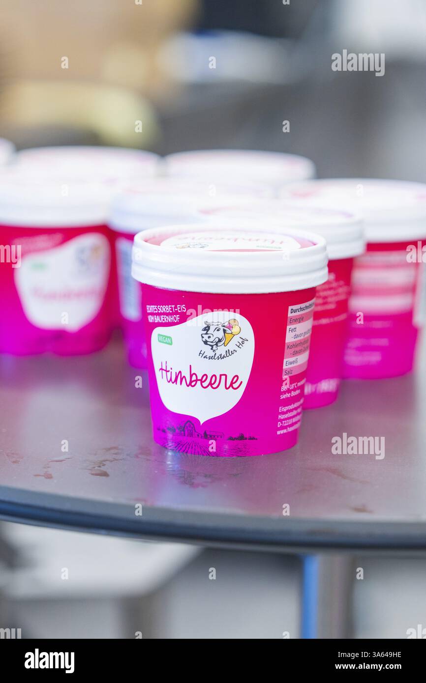 Primo piano di panini rosa su un tavolo, tutti etichettati con gusto lampone, gelato artigianale, Haselstaller Hof, Wildberg, Black Fores Foto Stock