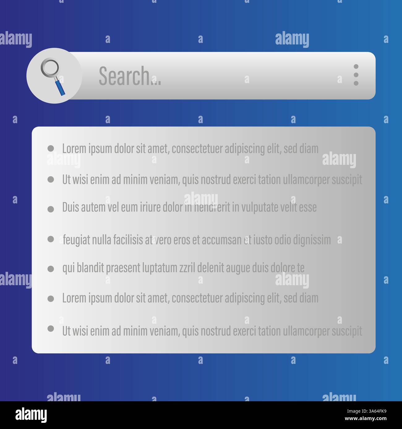 Pulsante barra di ricerca. Campo bianco arrotondato. Sfondo blu sfumato. Elemento UI semplice. Illustrazione Vettoriale