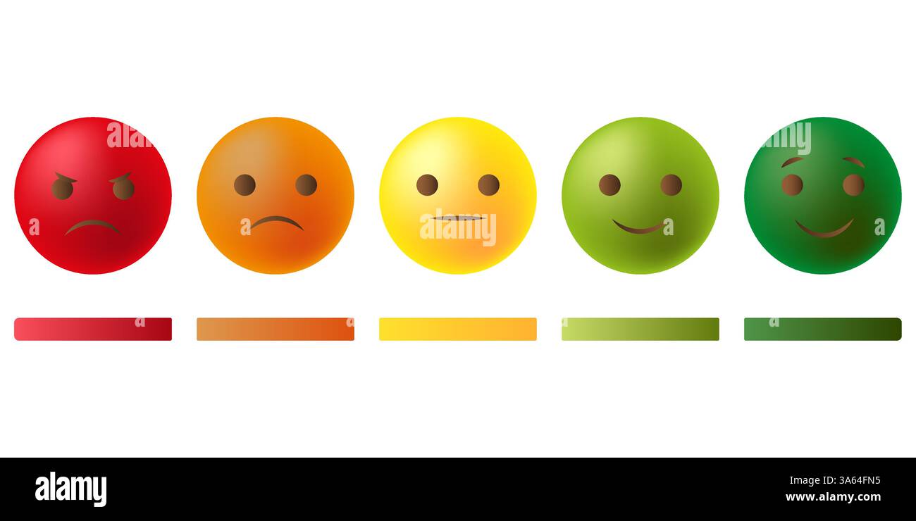 Icone felici e arrabbiate. Gamma di emozione dei colori. Gruppo facce vettoriali. Transizione con sorriso d'umore. Illustrazione Vettoriale