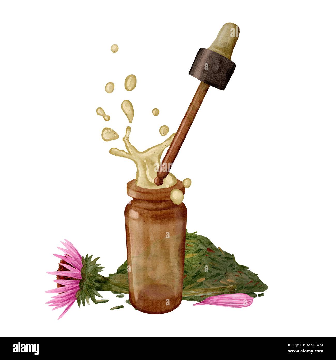 Una vibrante illustrazione di una bottiglia contagocce olio con elementi a base di erbe che simboleggiano rimedi naturali e salute olistica. Composizione isolata ad acquerello disegnata a mano su sfondo trasparente. Foto Stock