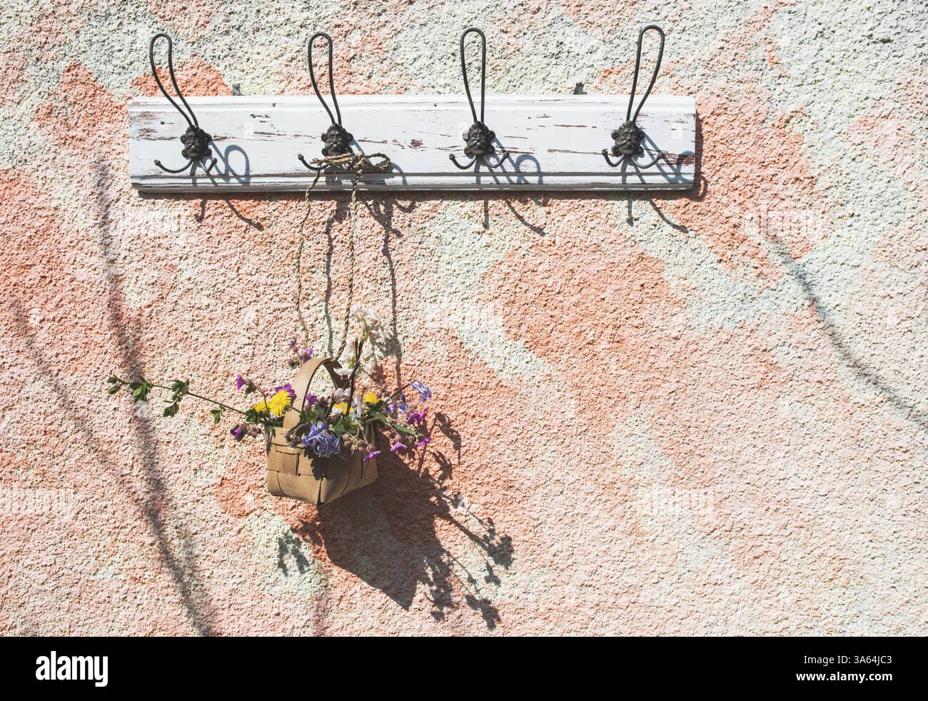 Fiori nel cesto su appendiabiti su una parete. La luce del sole Foto Stock