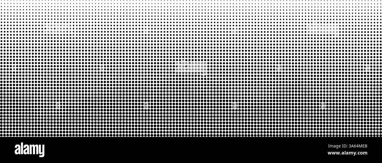 Sfondo con mezzitoni punteggiati. Gradiente vettoriale con puntini neri grandi e piccoli, poster monocromatico orizzontale retrò, copertina pop art testurizzata con eff grunge Illustrazione Vettoriale
