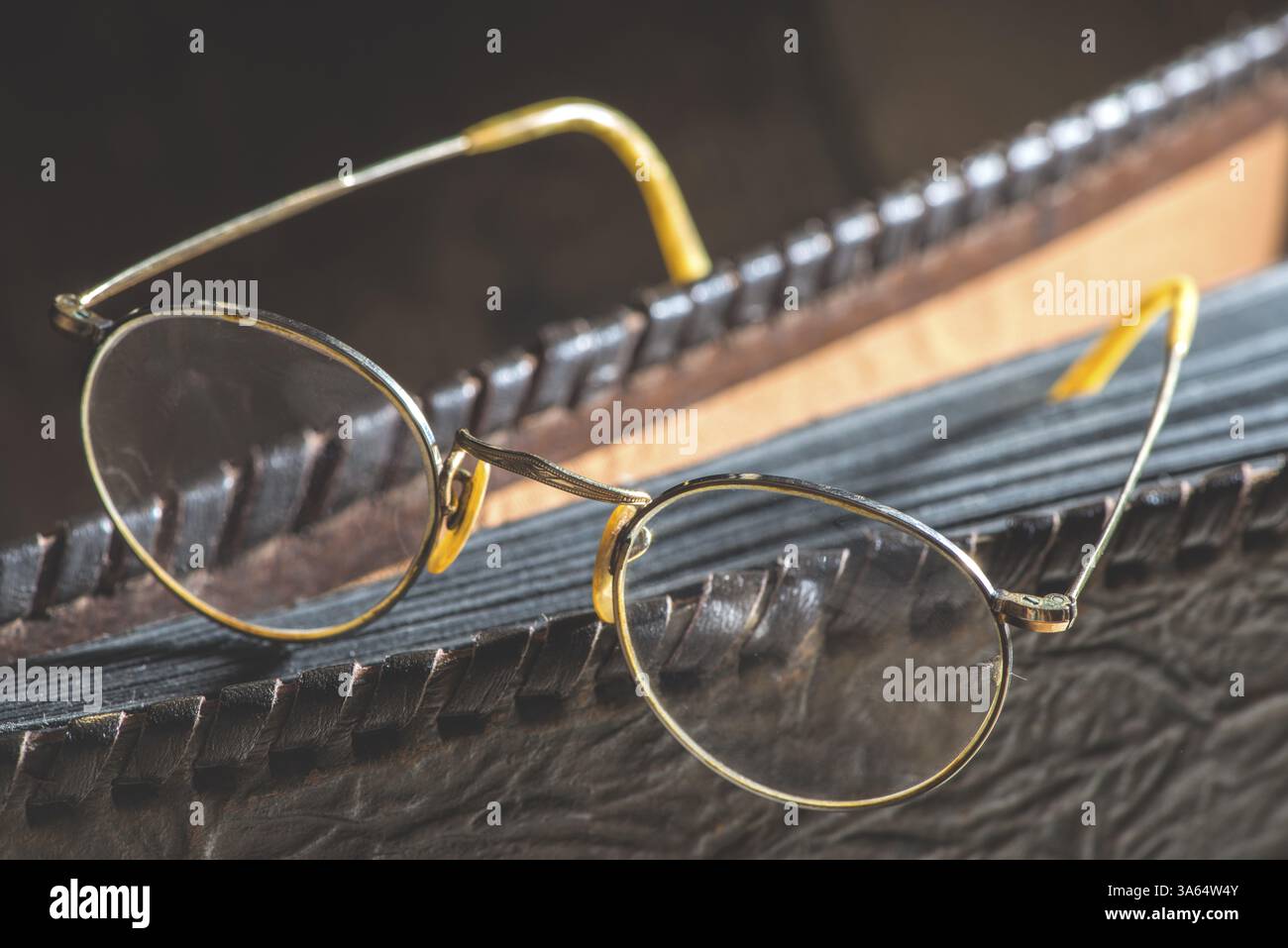 Vecchi occhiali rotondi vintage e album fotografico in pelle Foto Stock