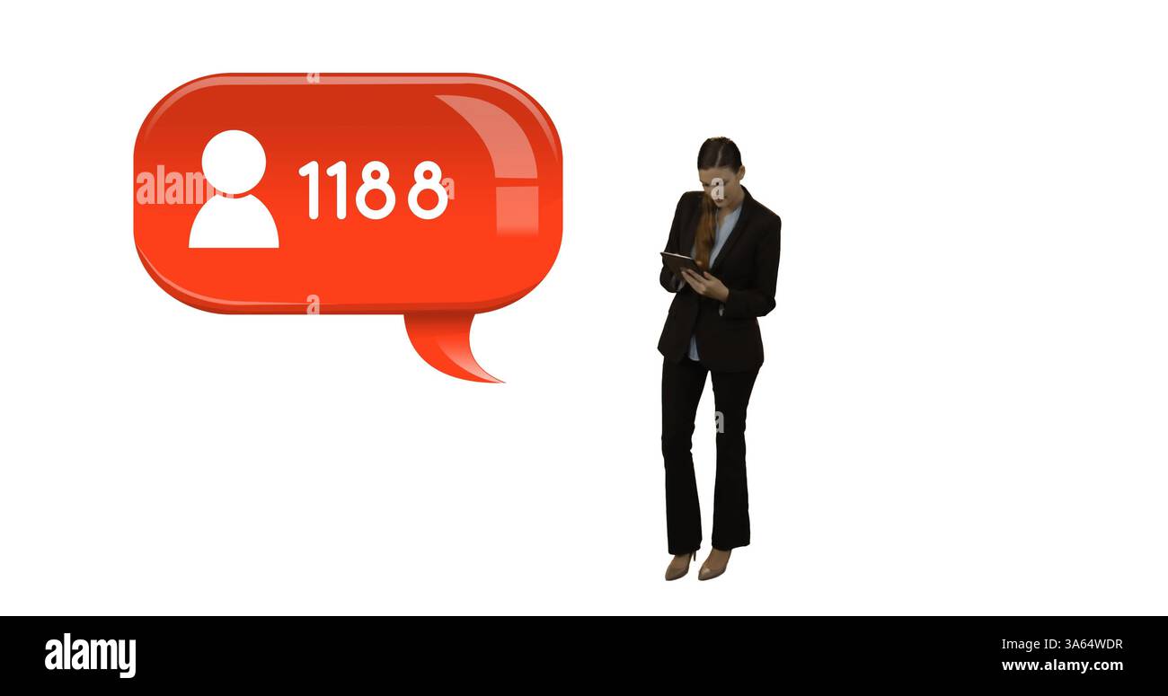 Vista frontale di una donna d'affari caucasica accanto a un'icona di seguito con i numeri Foto Stock