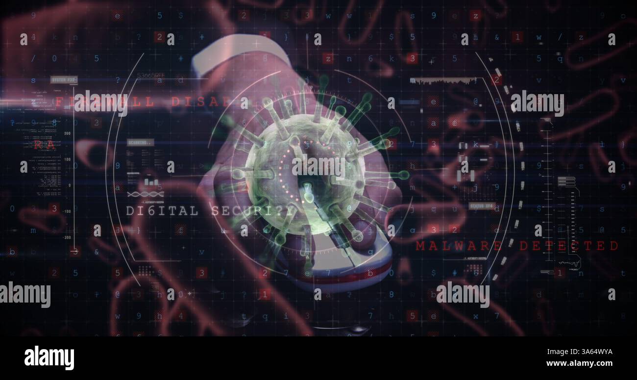 Concetto di virus digitale con elementi di sicurezza informatica e avvisi di malware sullo schermo Foto Stock