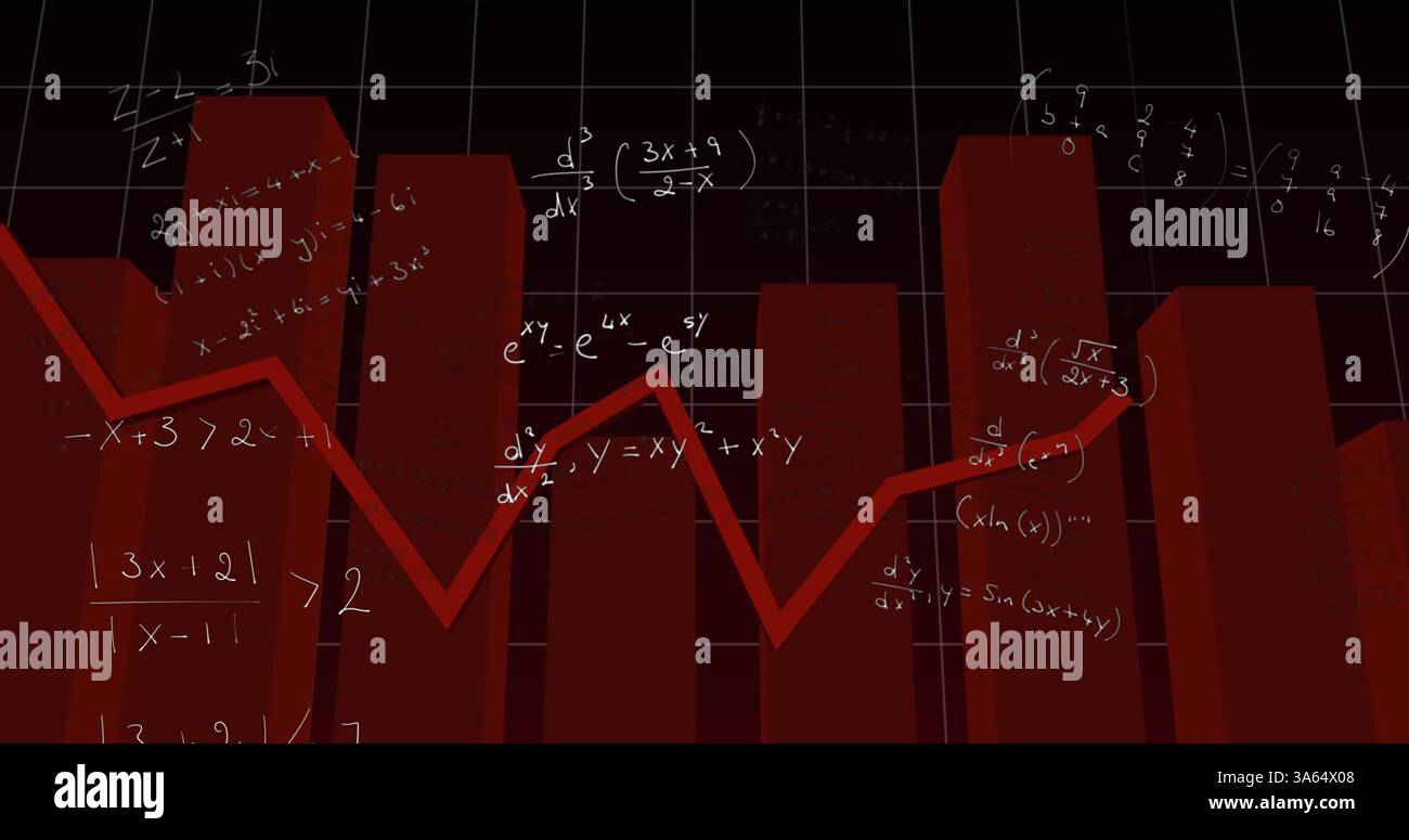 Equazioni matematiche sovrapposte al grafico a barre rosso, che illustra l'analisi di dati complessi Foto Stock