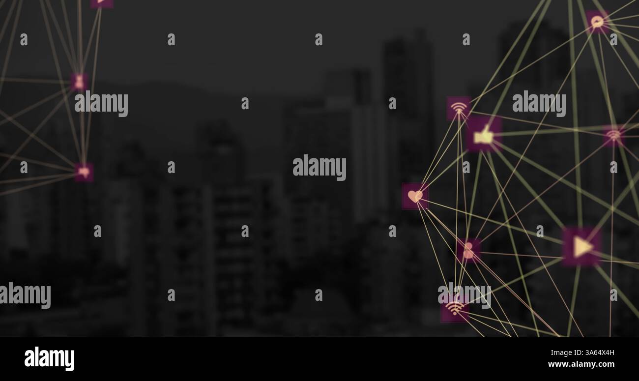 Collegamento delle icone della rete digitale sul paesaggio urbano, che illustra la moderna tecnologia di comunicazione Foto Stock